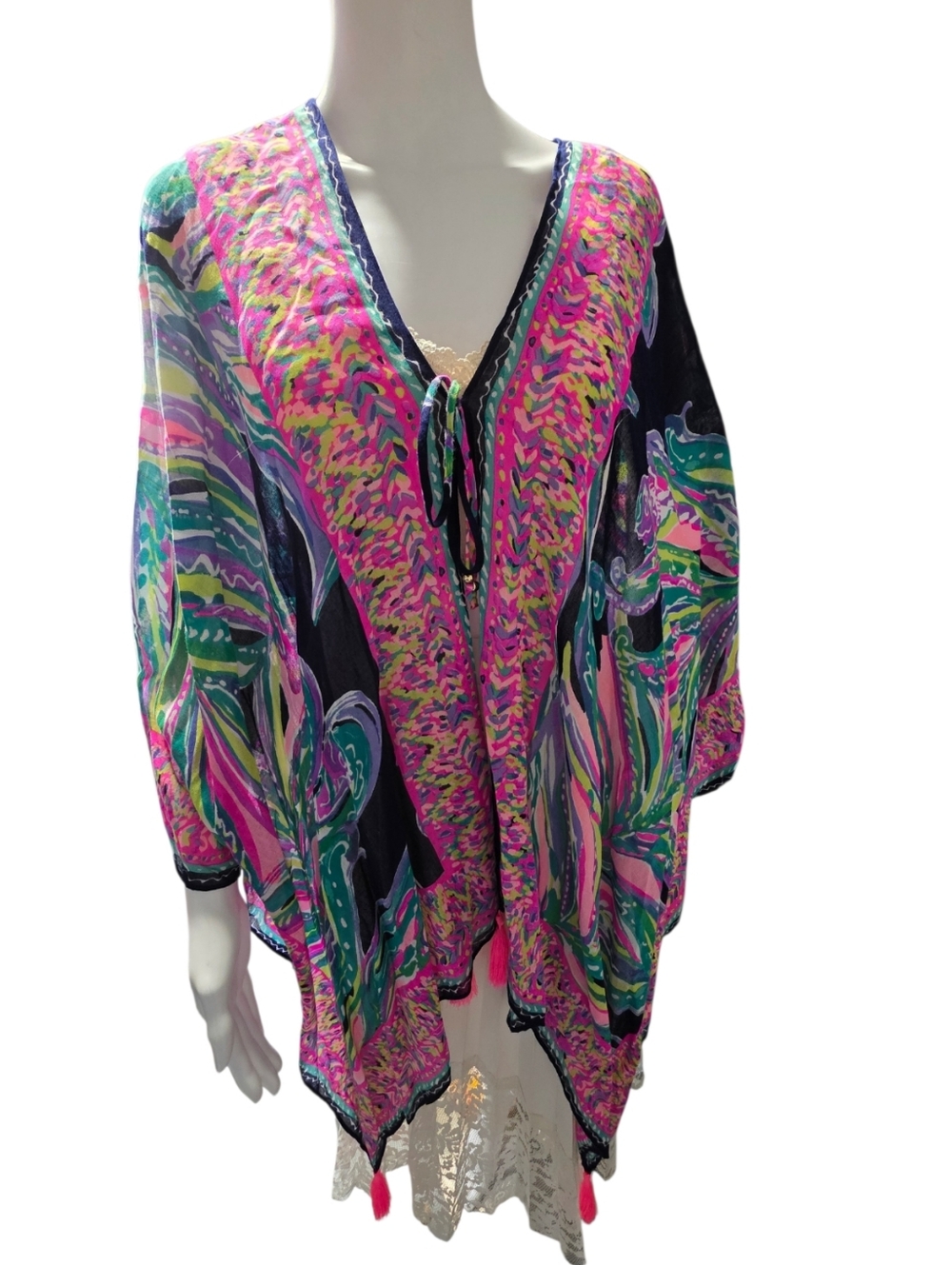 ​Lilly Pulitzer 100% Cotton Kaftan Cover Up Tunic Pink Green Abstract Tassels